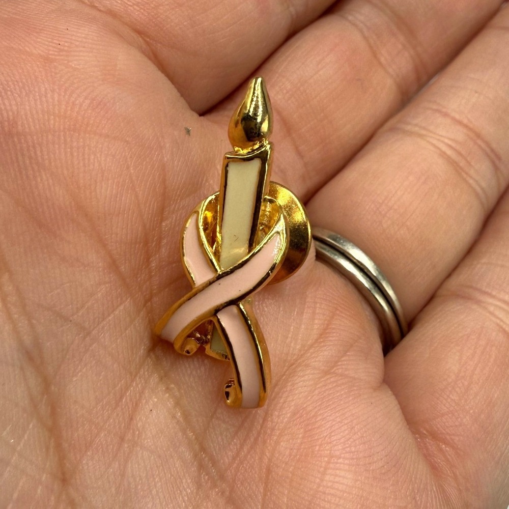 Pink Ribbon Candle Breast Cancer Awareness Pin Gold Tone Enamel Lapel Hat Pin